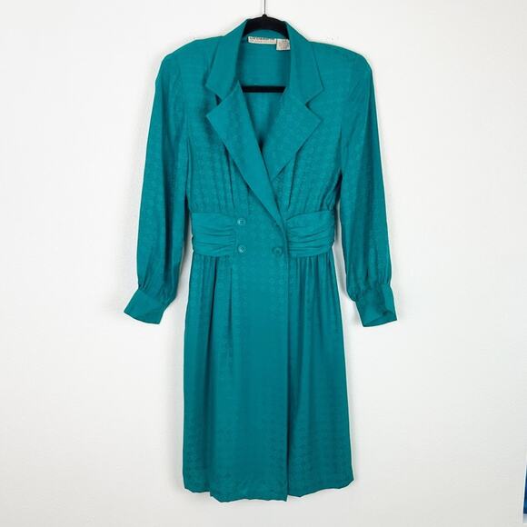 Vintage 80s Teal Silk Dress Wide Wrap Waist Shoulder Pads - Picture 4 of 11